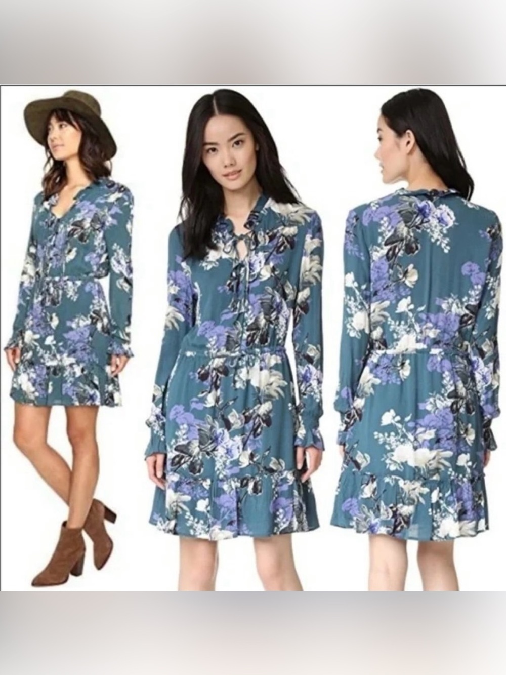 Jack by BB Dakota Floral Tie Neck Long Sleeve Mini Dress Teal Purple Size S